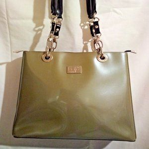 Beijo Classic Womens Handbag Purse - Patent Leathe Olive Green w/ Black Handles